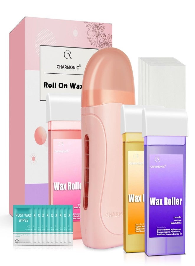 Charmonic Roll On Wax Kit, Portable Wax Roller Kit for Coarse/Fine Hair Removal, Beginners Waxing Roller for All Skin Types with 3 Pcs 100g Roll Cartridge, 100 Non-Woven Strips & 10 After Oil Wipes (F1_Pink) - Image 1